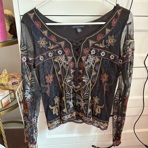 American Eagle Outfitters Dark Navy Embroidered Blouse